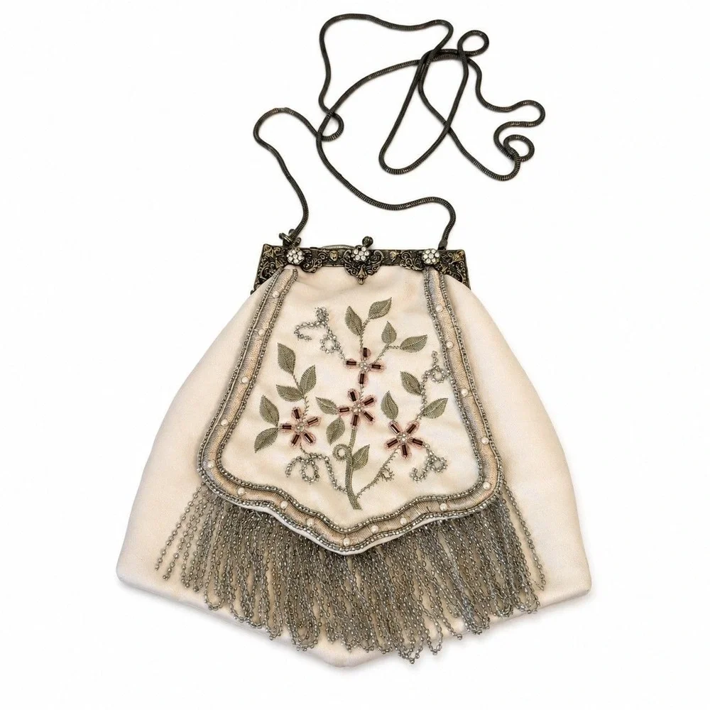 Vintage 1950s La Reagle Cream Satin Beaded Floral Evening Bag with Fringe